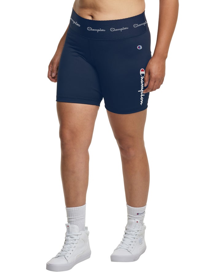 Champion Dame Shorts Mørkeblå - Plus Authentic Bike Script Logo 7 - Danmark UTK-857309